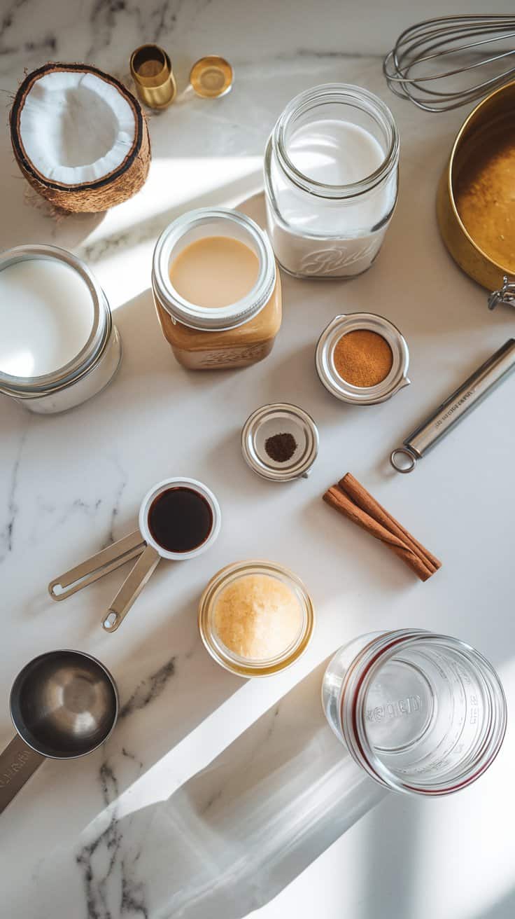 all the ingredients of Homemade Sugar-Free Coconut Almond Creamer stored clearly in jars