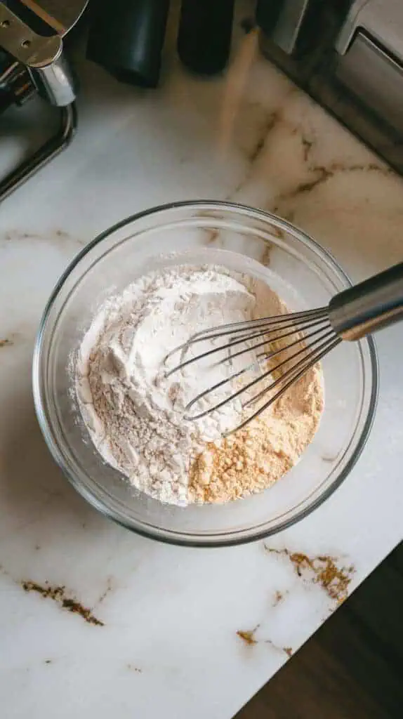 a bowl with dry ingredients being whisked together (cake flour, cornstarch, baking powder, baking soda, salt)