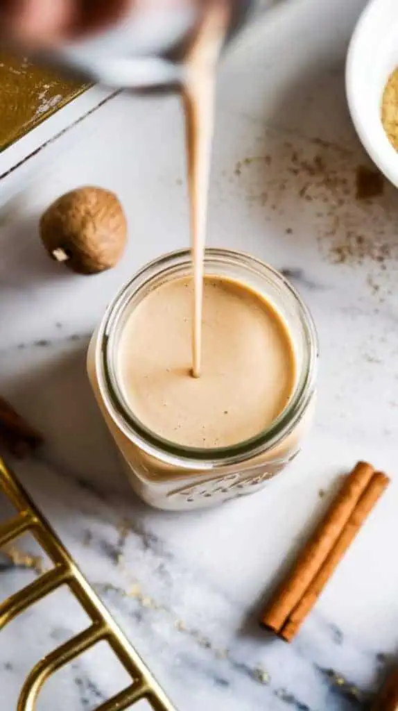 A clean glass jar being filled with liquid eggnog coffee creamer