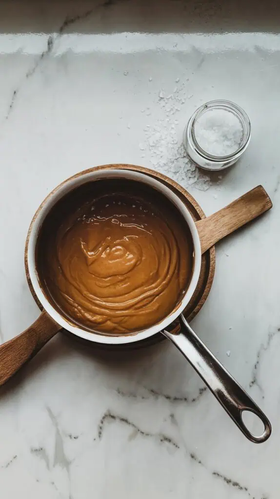 A saucepan of smooth salted caramel cooling on a white marble counter with hints of gold, with a small jar of sea salt nearby