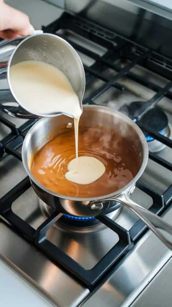 Heavy cream being carefully poured into a saucepan of golden caramel