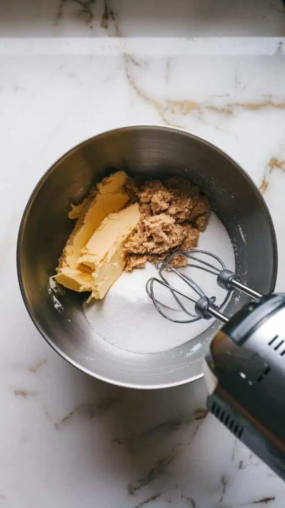 Close-up of a mixing bowl with creamed butter, brown sugar, and granulated sugar, with a hand mixer in the bowl. 