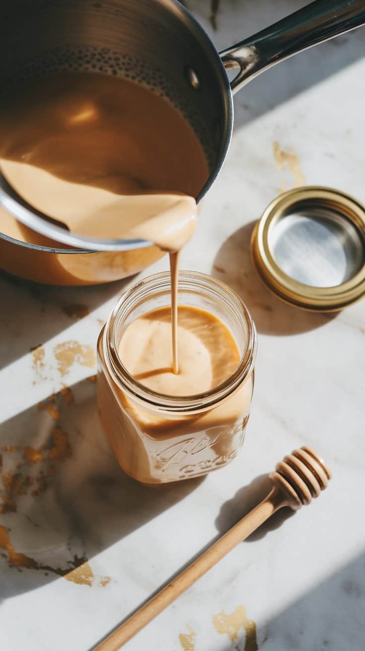 a glass jar being filled with Honey Almond Creamer from a sauce pan