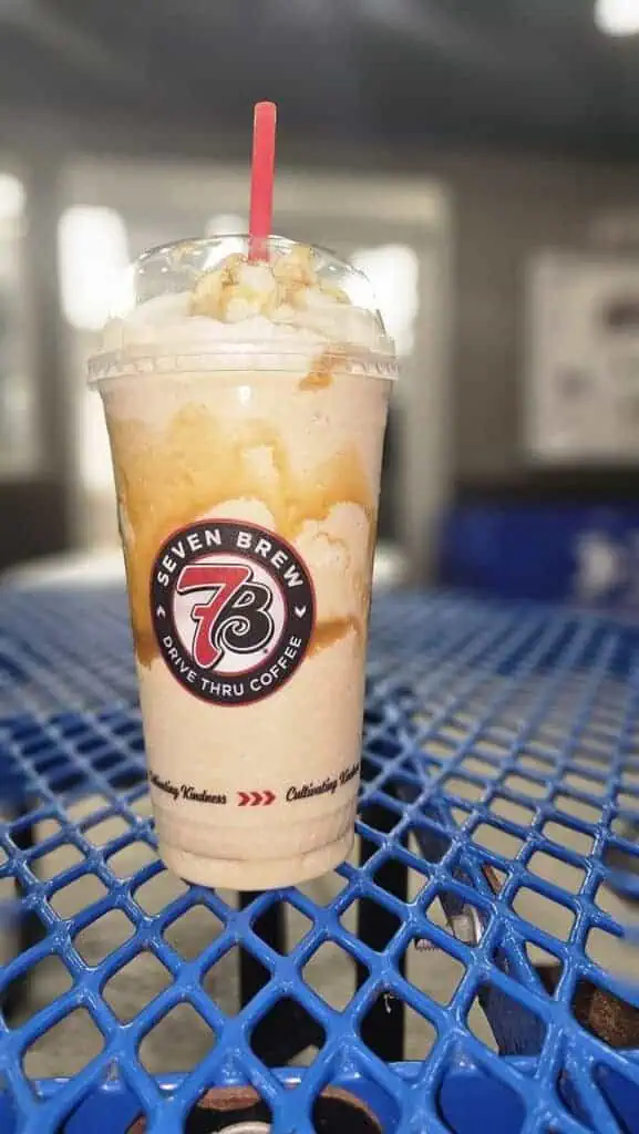 angelfood shake with a shot of coffee, whip and caramel drizzle