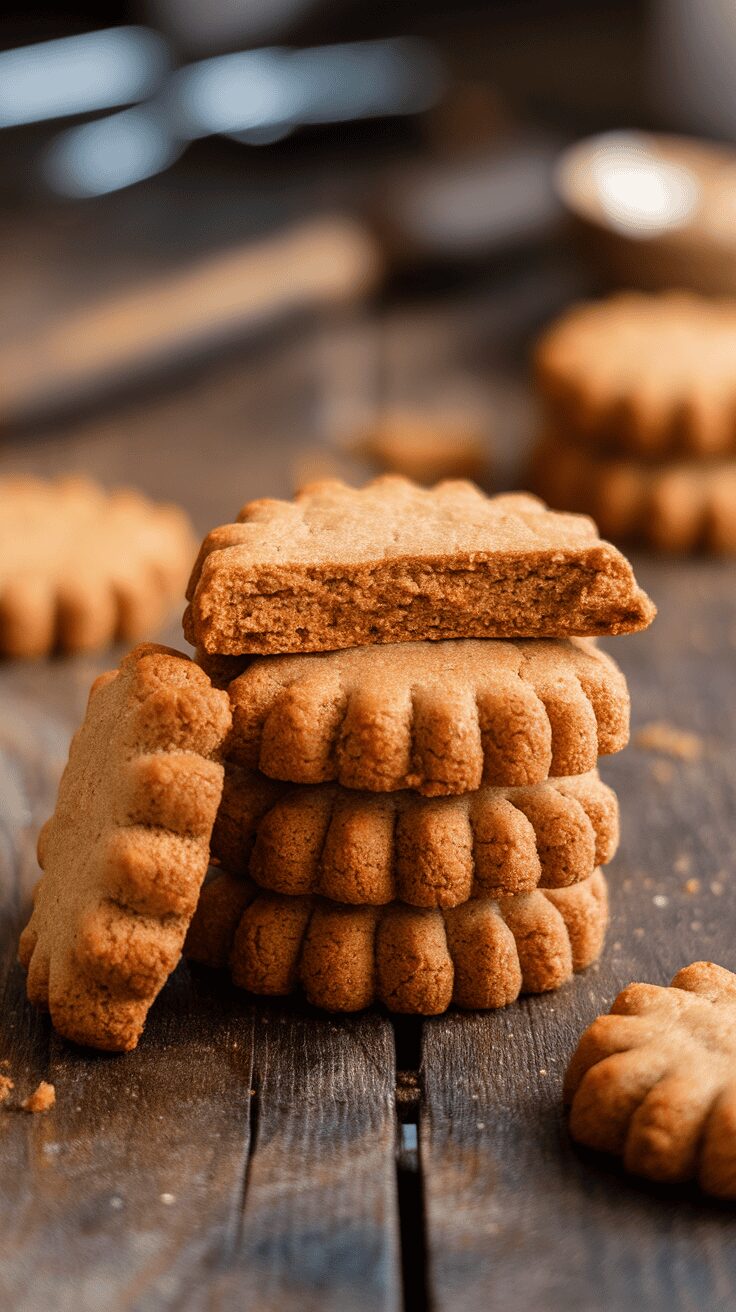 Stack of chewy gingerbread cookies on a wooden surface.