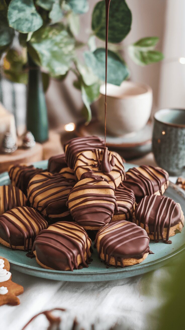 A close-up of chocolate-dipped gingerbread cookies on a blue plate, drizzled with chocolate.