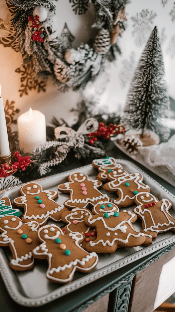 A plate of decorated gingerbread men cookies with festive decorations around