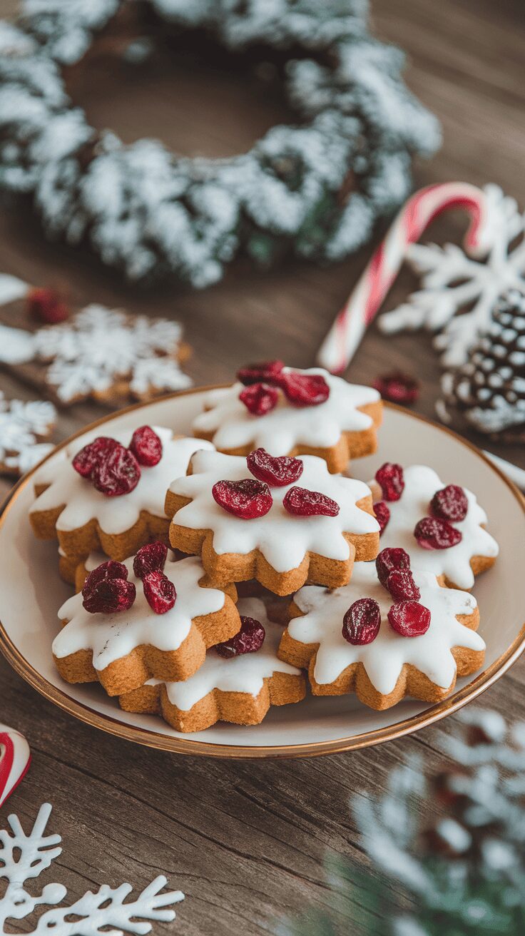 A plate of cranberry gingerbread cookies decorated with icing and cranberries, surrounded by festive decor.