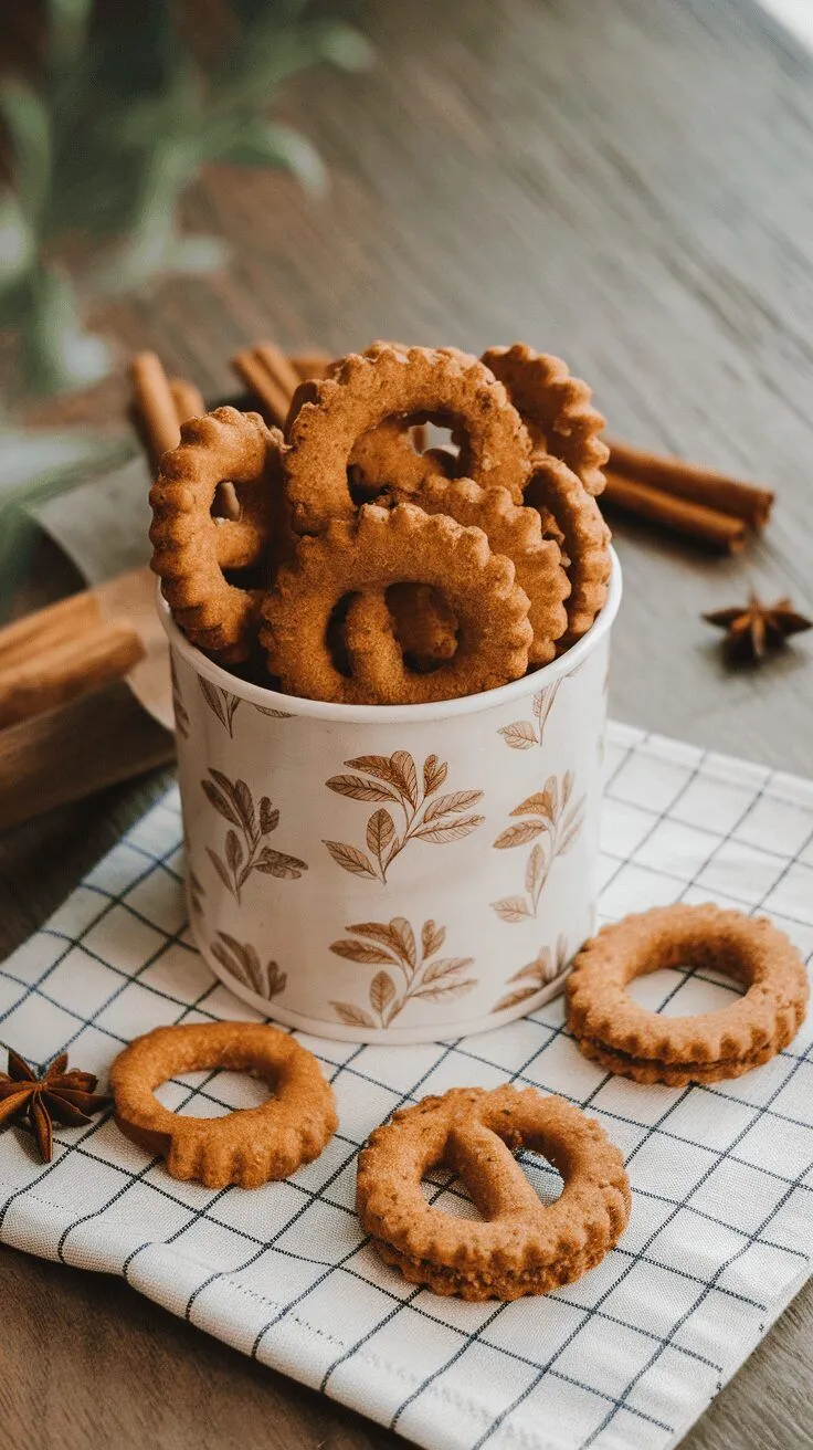 A tin filled with crispy ginger snaps and some placed on a table with cinnamon sticks and star anise.