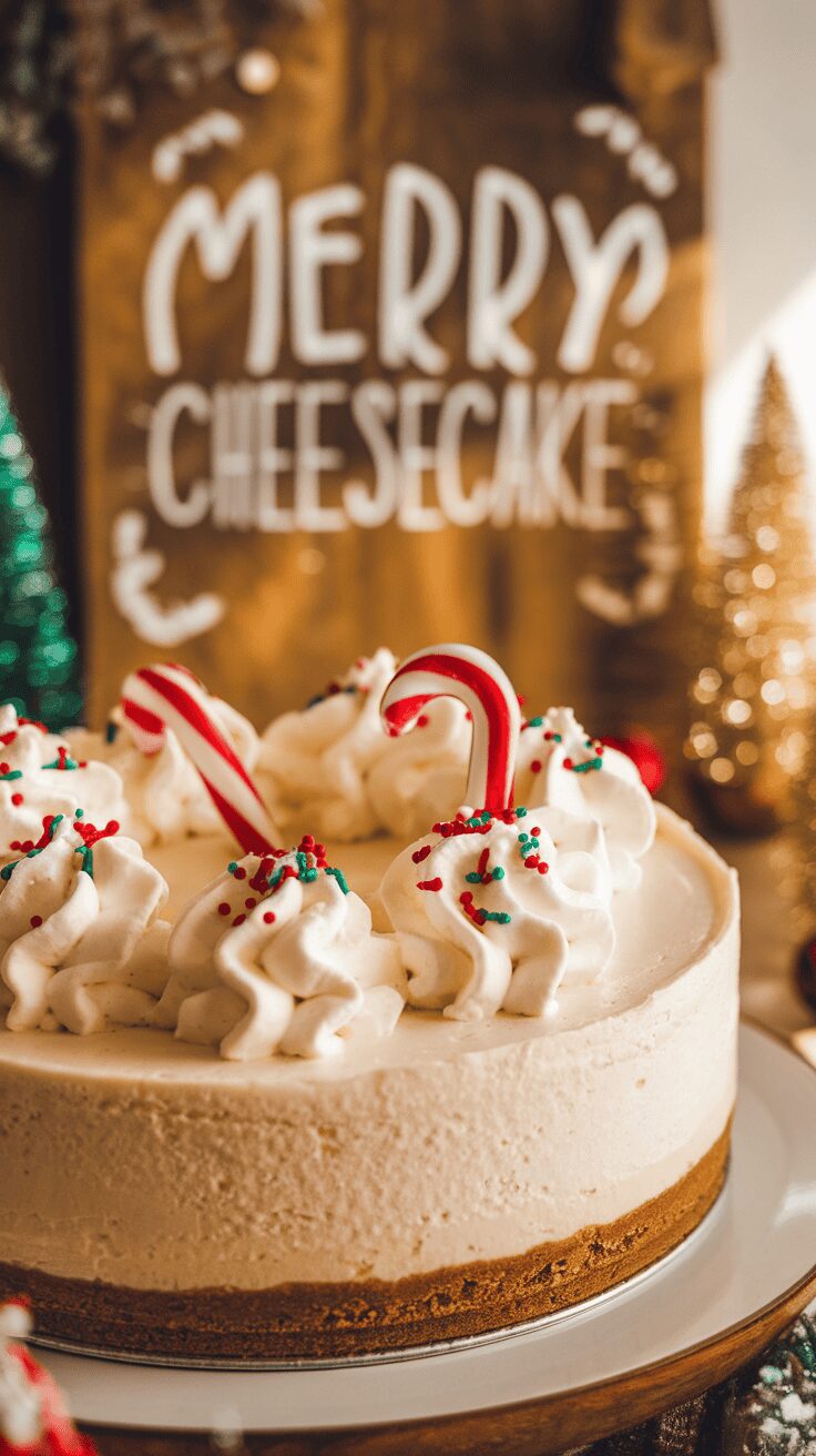A festive eggnog cheesecake topped with whipped cream, candy canes, and sprinkles, with a sign that says Merry Cheesecake in the background.