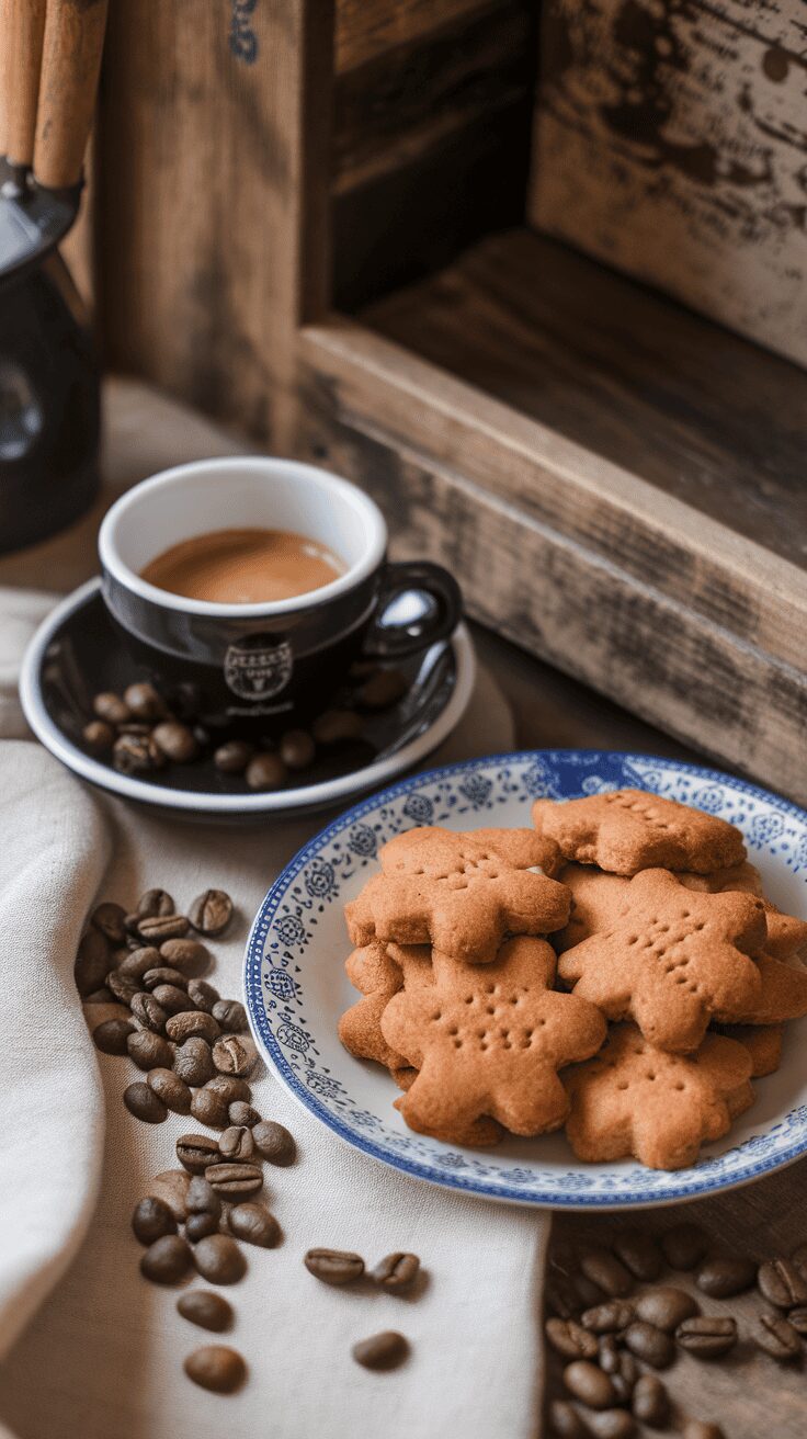 A plate of gingerbread cookies next to a cup of espresso on a wooden table.