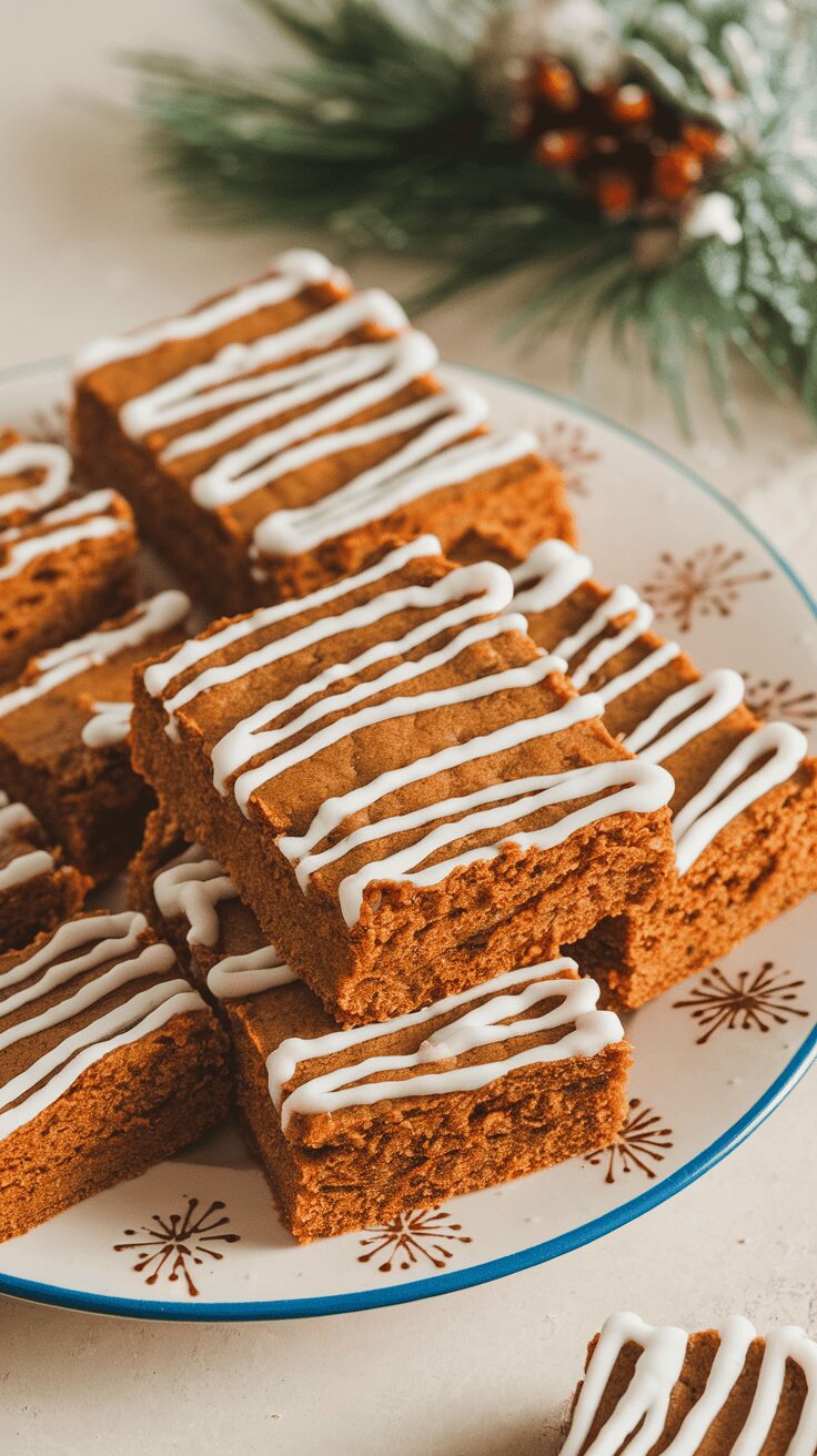 A plate of gingerbread cookie bars with icing