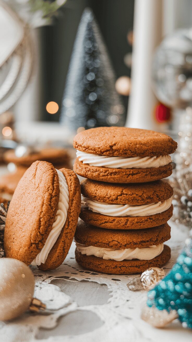 A stack of gingerbread sandwich cookies with cream filling, decorated with festive ornaments and a holiday backdrop.