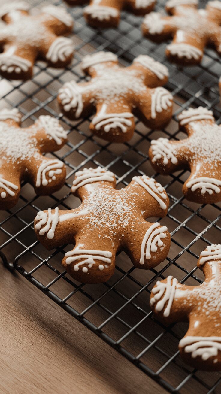 Decorated gingerbread cookies on a cooling rack