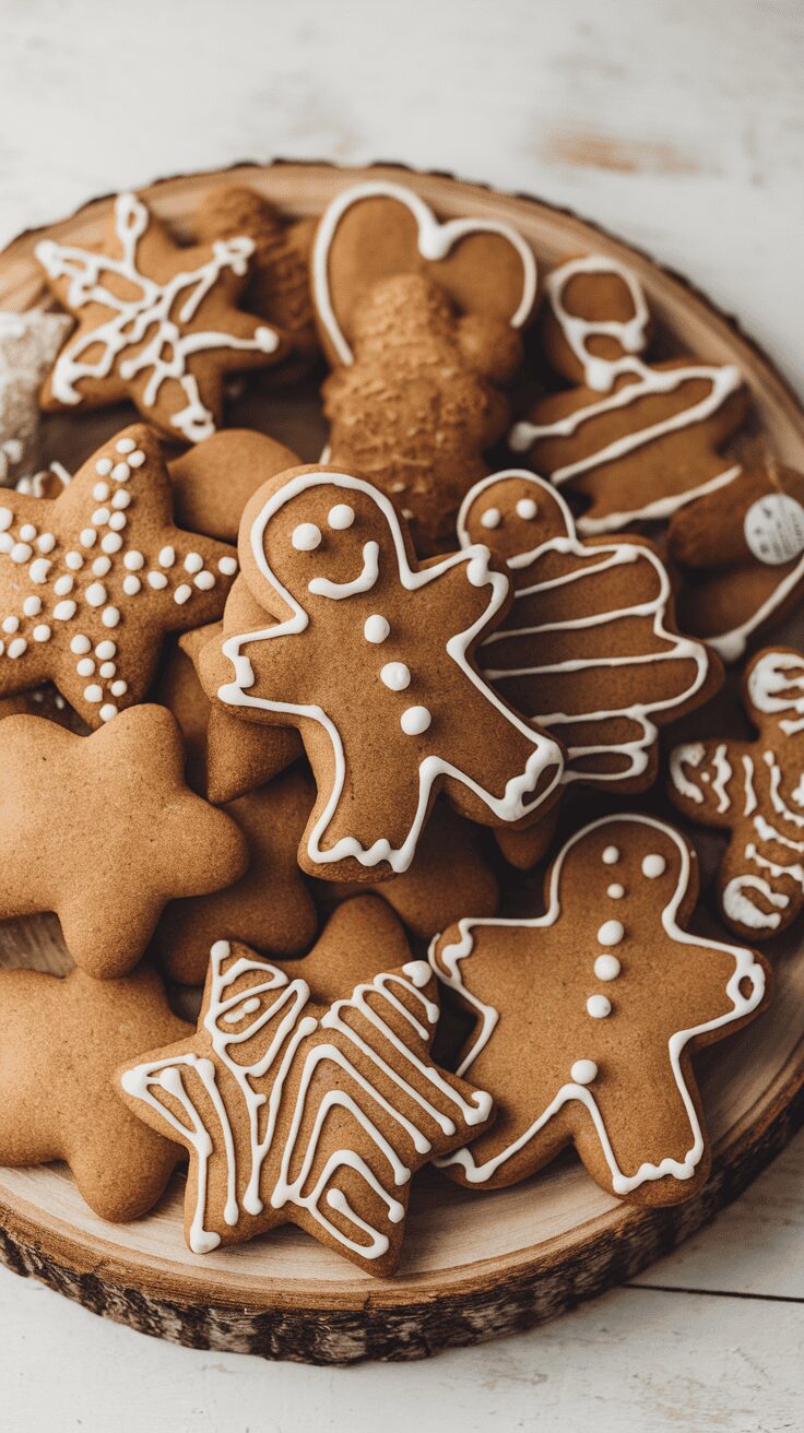 Plate of decorated gingerbread cookies including gingerbread men, stars, and hearts.