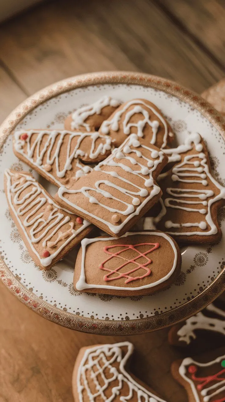 A plate of iced gingerbread cookie cutouts in festive shapes, decorated with icing.