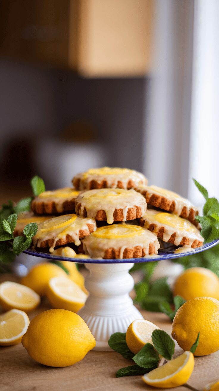 A plate of lemon glazed gingerbread cookies with fresh lemons and mint leaves.