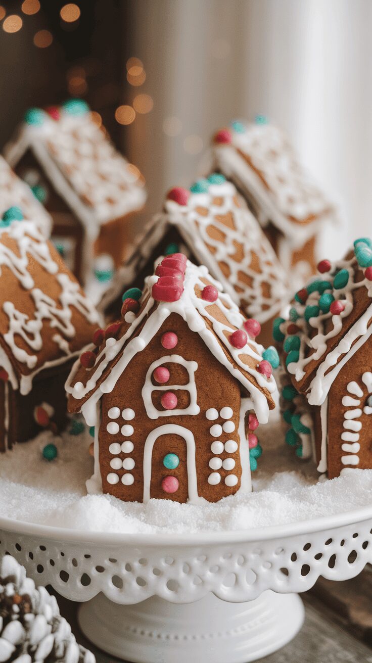 A plate of mini gingerbread houses decorated with colorful icing and candies.