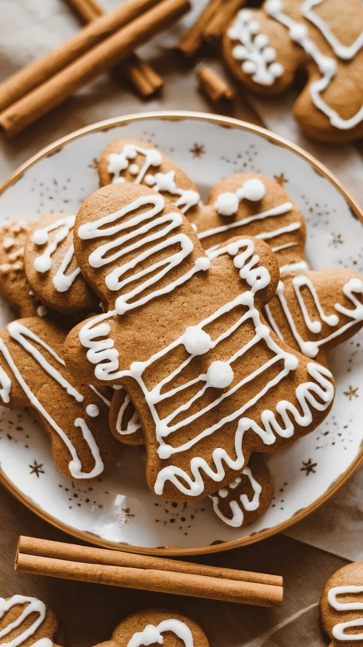 A plate of decorated gingerbread cookies with cinnamon sticks