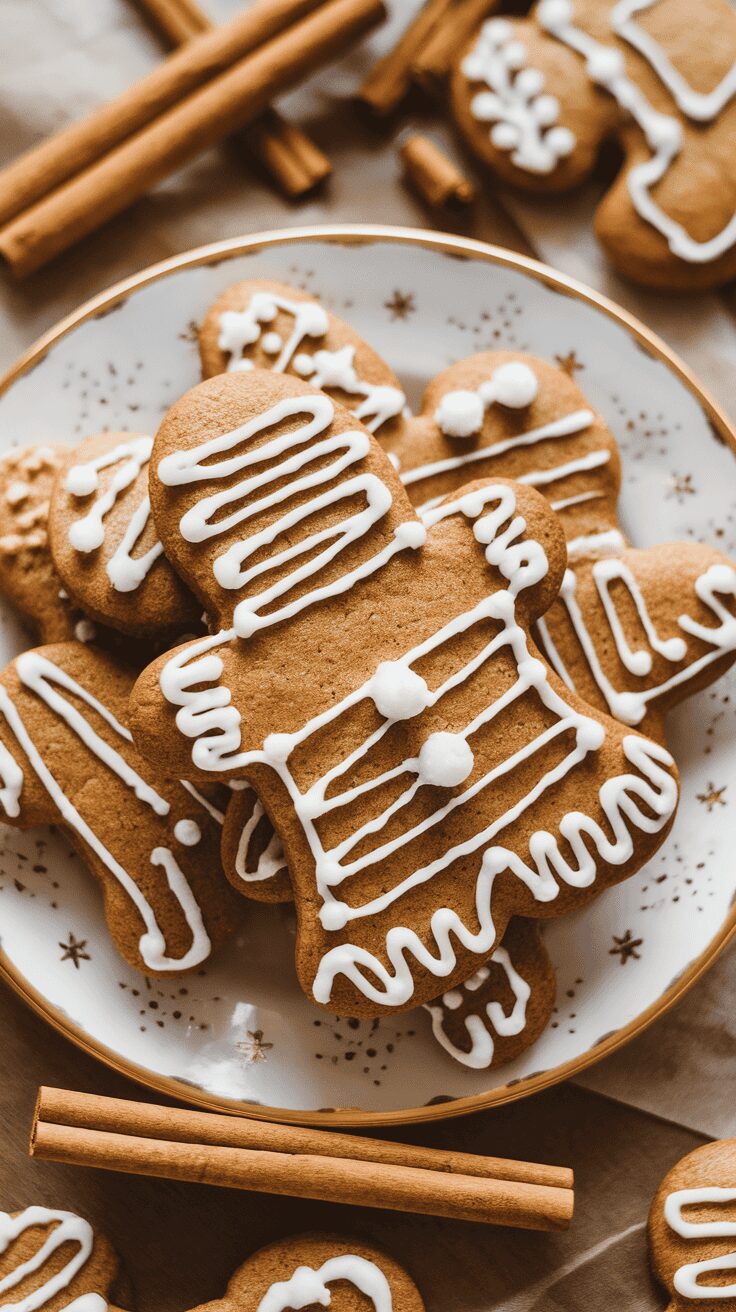 A plate of decorated gingerbread cookies with cinnamon sticks