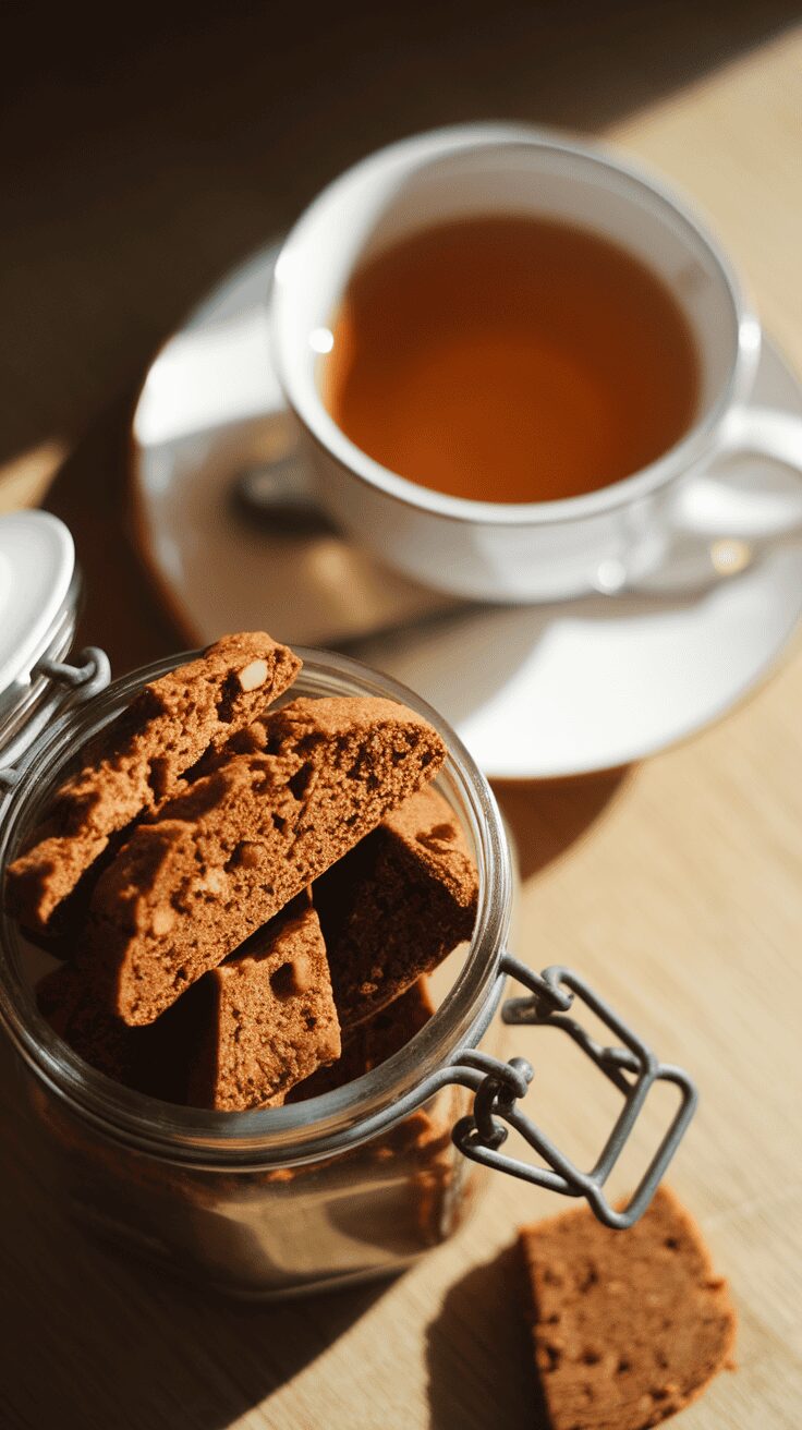 A jar of spiced gingerbread biscotti beside a cup of tea