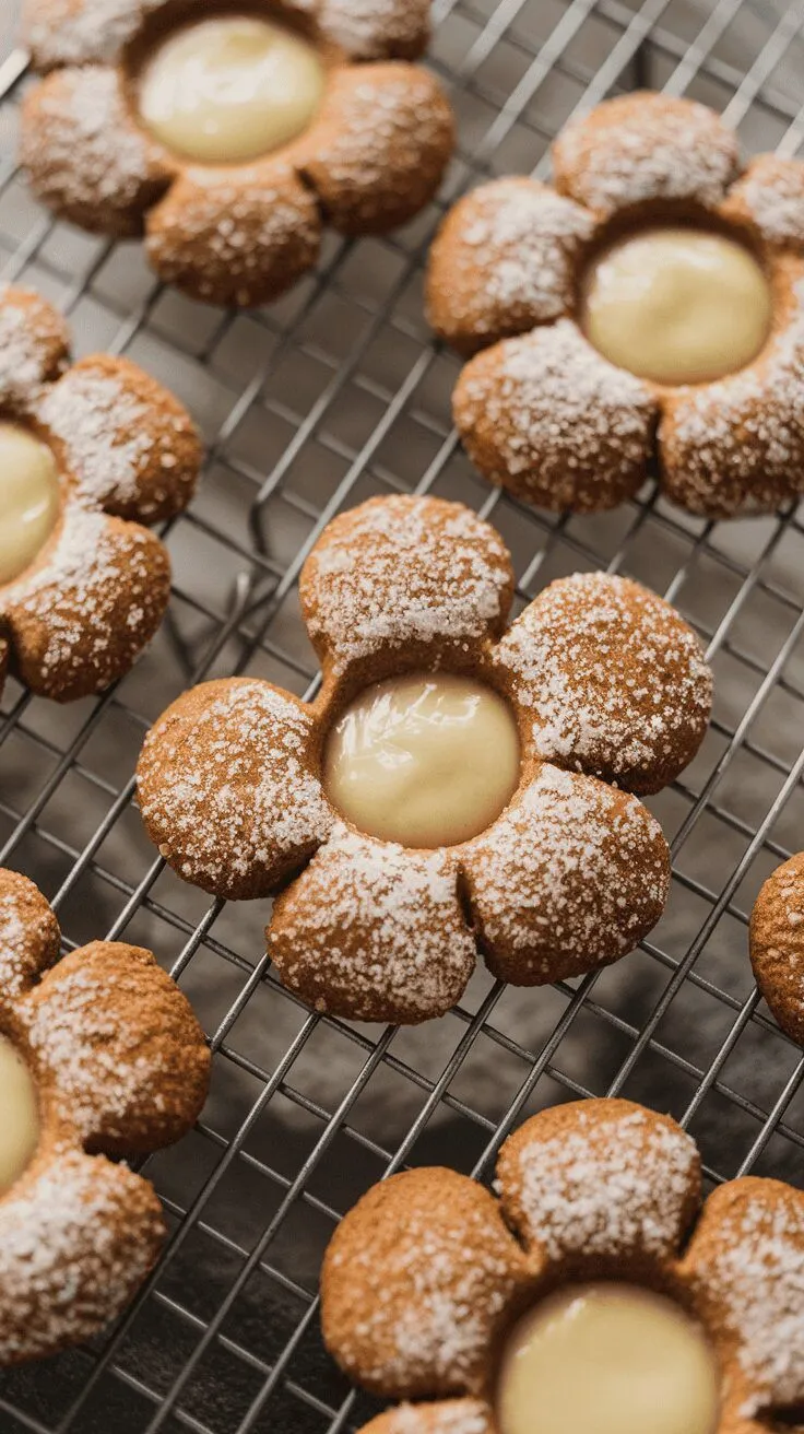 Stuffed gingerbread cookies shaped like flowers with a creamy center.