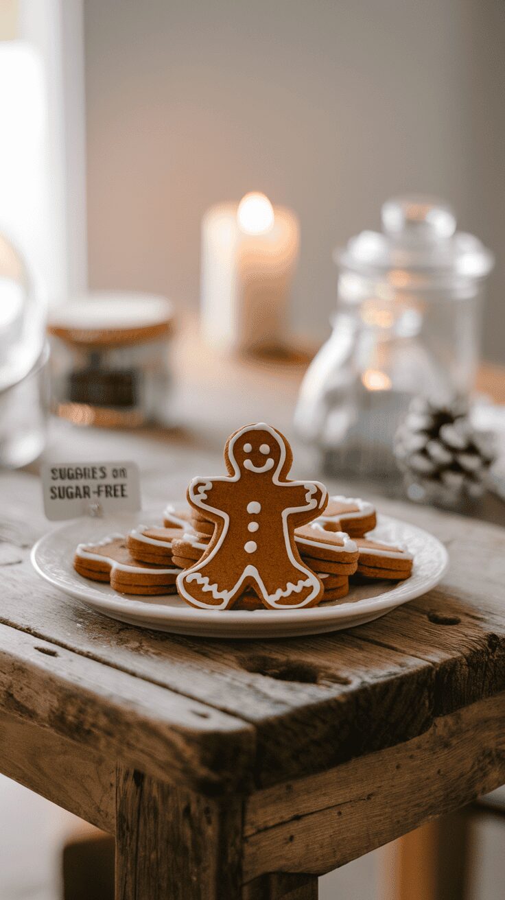 A plate of sugar-free gingerbread cookies with a large gingerbread man on top, set on a rustic wooden table.