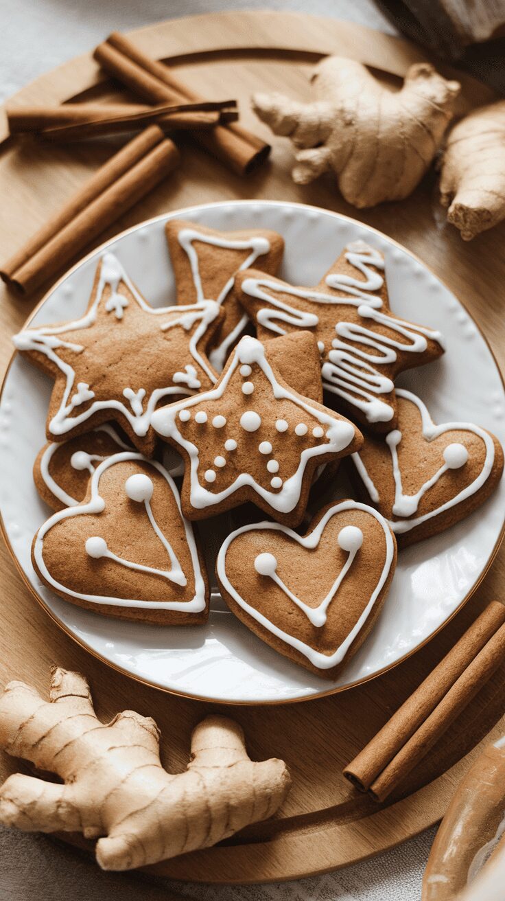 A plate of decorated vegan gingerbread cookies shaped like stars and hearts, with ginger and cinnamon sticks in the background.