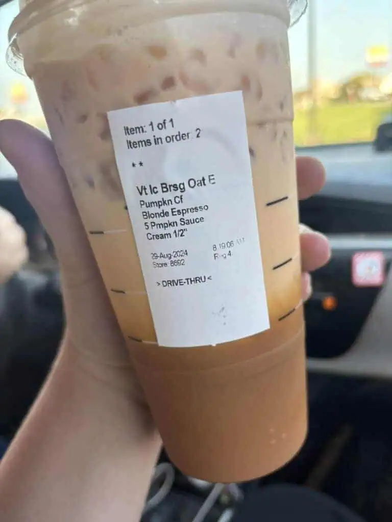 venti brown sugar shaken espresso with 5 pumps of pumpkin a dash of cream and pumpkin cold foam on top