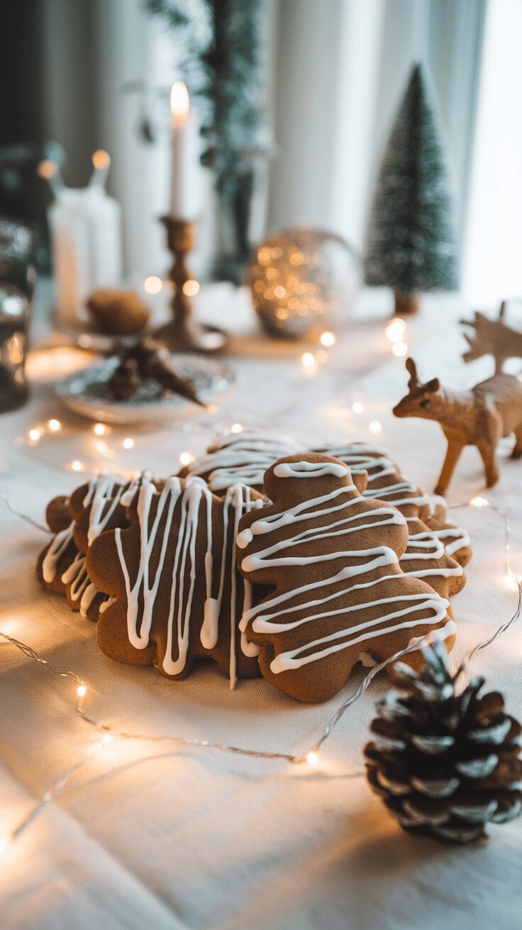 A plate of white chocolate drizzled gingerbread cookies in a festive setting with holiday decorations.