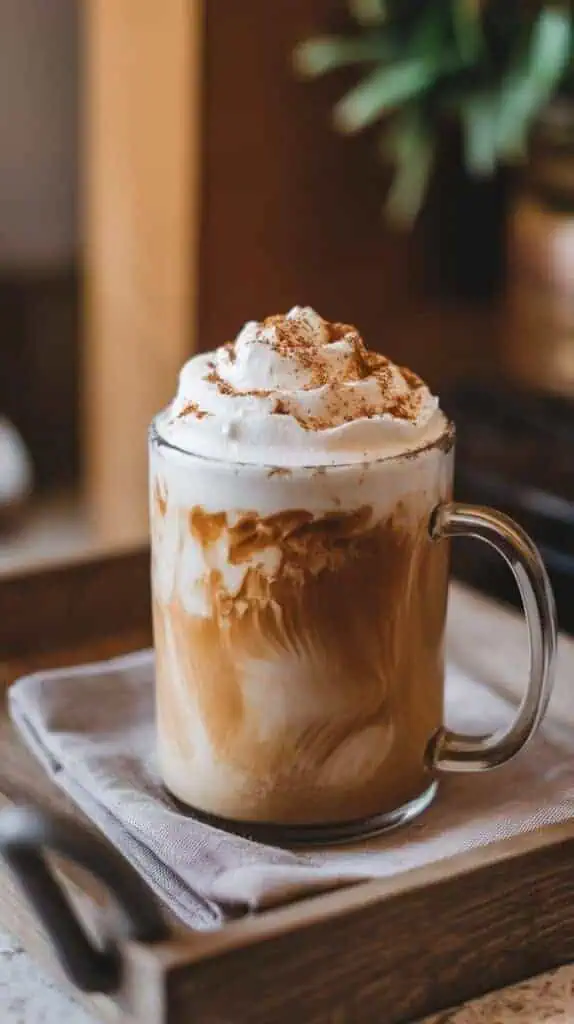 A mug of Maple Brown Sugar Protein Coffee with whipped cream on top, lightly dusted with cinnamon and brown sugar, on a wooden tray with a linen napkin