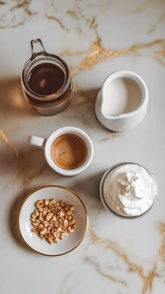 A cozy flat-lay of all ingredients for a hot hazelnut latte