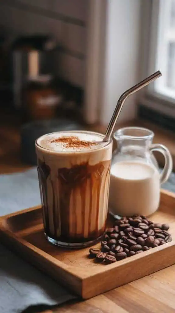 A finished iced coffee drink with a sprinkle of cinnamon on top and a drizzle of maple syrup down the glass