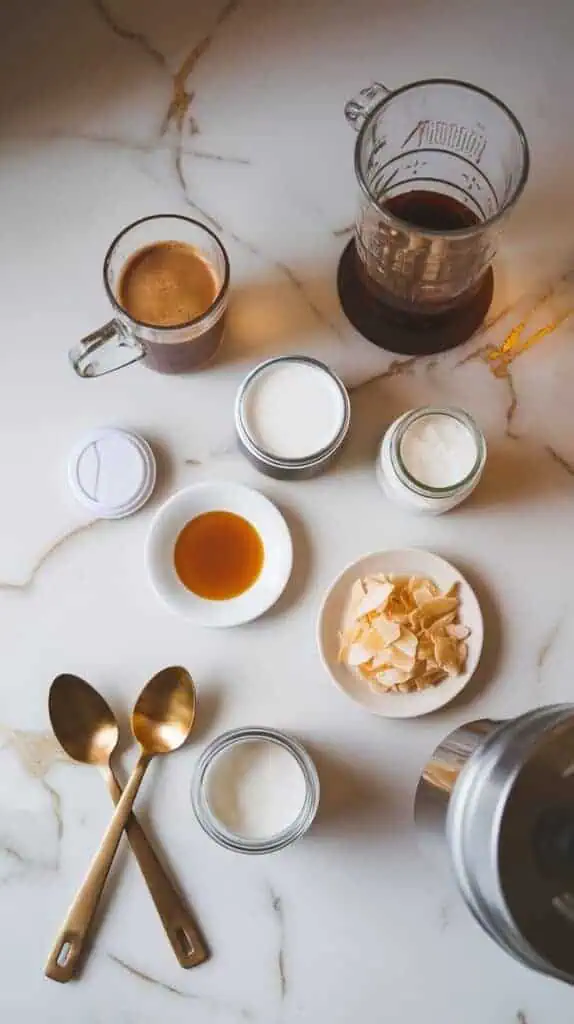 all the ingredients for Coconut Cream Protein Iced Coffee