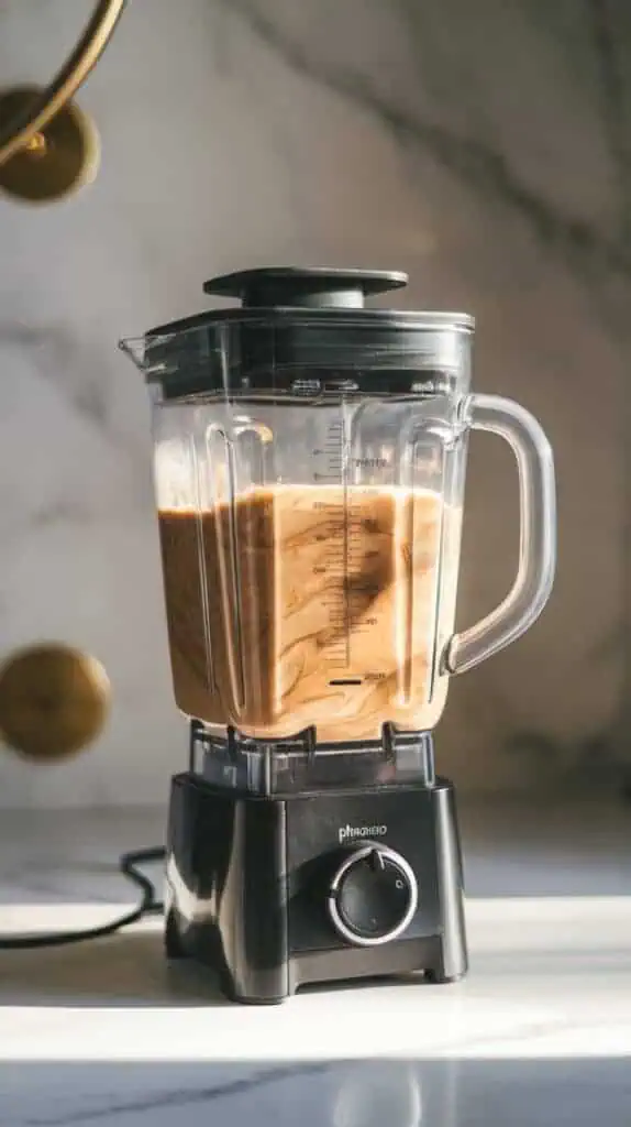 A blender mid-blend with creamy swirls of the almond butter espresso shake mixing together, with the lid securely on