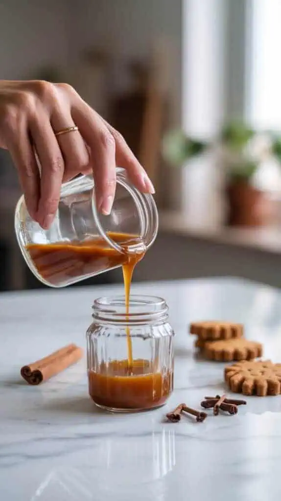  pouring the thick, glossy gingerbread syrup into a small glass jar