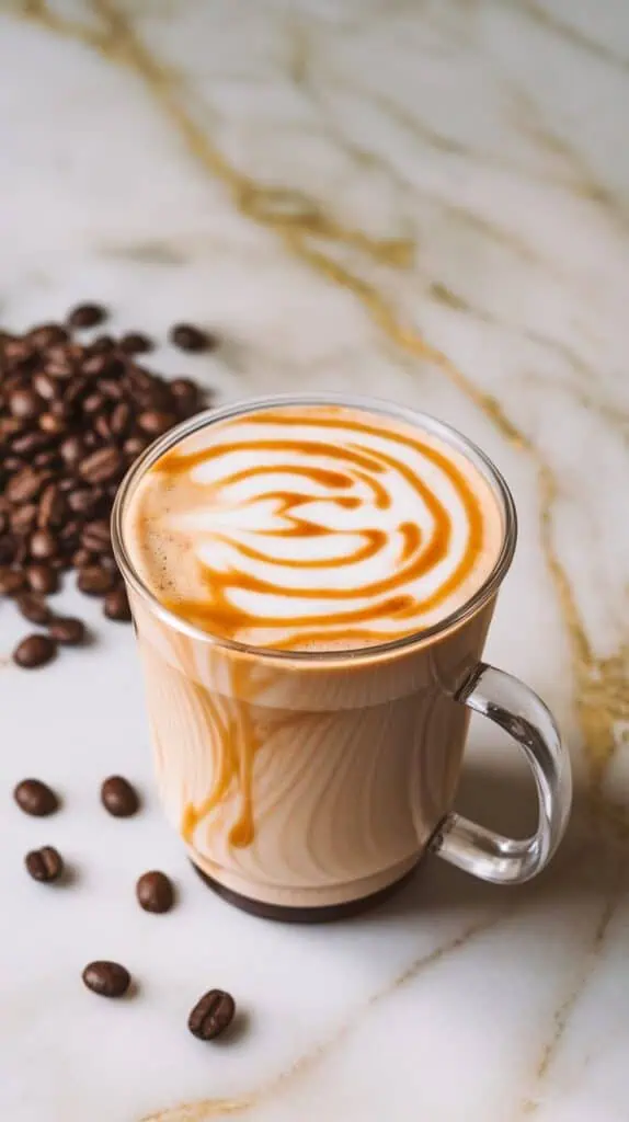 A close-up of a finished caramel macchiato protein coffee in a clear cup with handle
