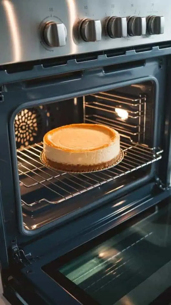 A cheesecake in a springform pan cooling inside an oven with the door slightly open