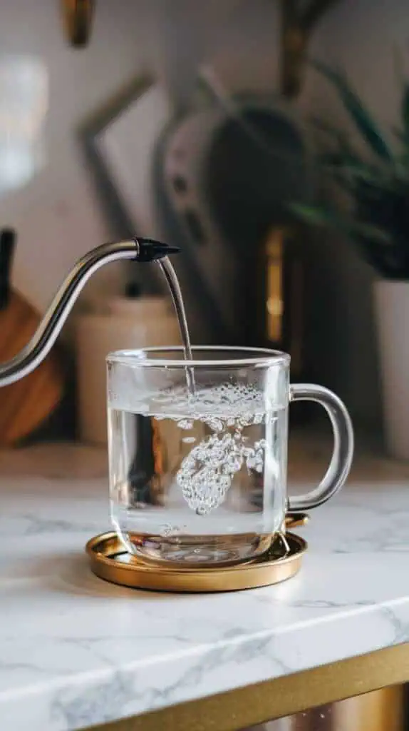  a clear glass mug being warmed with hot water from a kettle