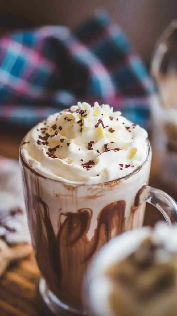 Close-up of a homemade white chocolate mocha in a large mug