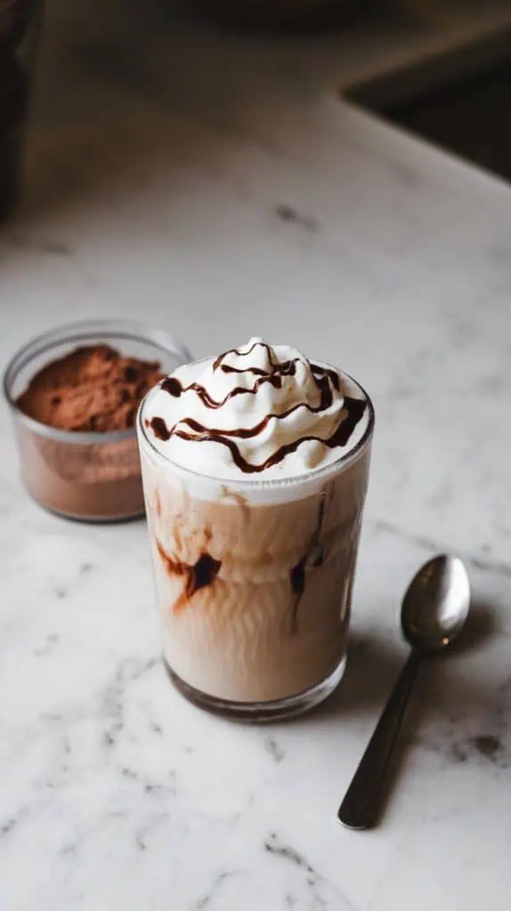  frosty glass of iced coffee topped with whipped cream and drizzled chocolate syrup