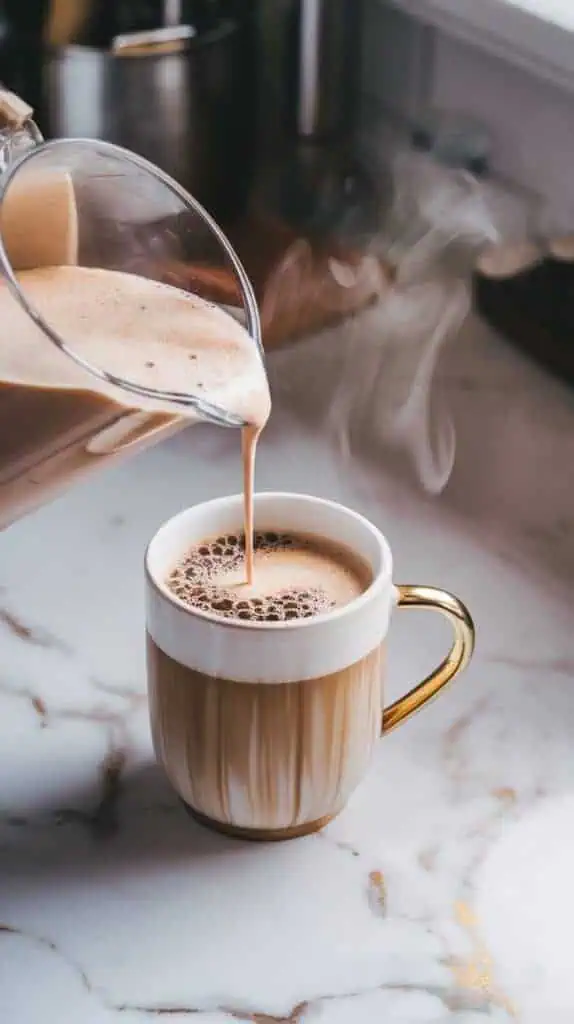 frothy vanilla protein mixture being poured into a mug of steaming coffee, with soft steam rising