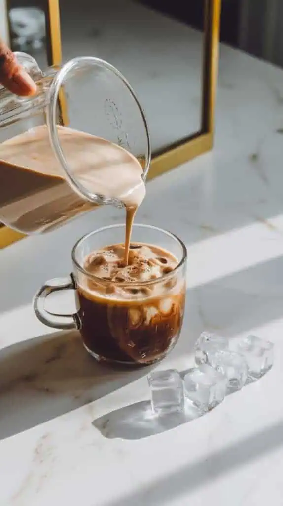 A glass mug with a protein mixture being poured into a cup of brewed coffee with a handful of ice cubes nearby.