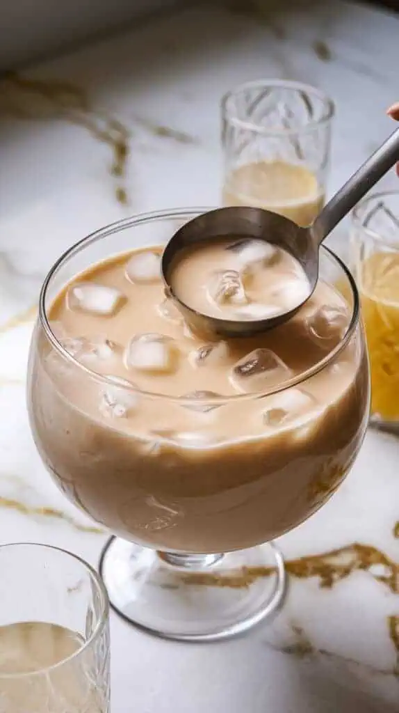 A glass punch bowl filled with creamy Baileys punch, with ice cubes floating on top