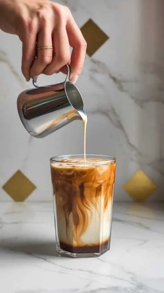 A hand pouring cream from a tiny pitcher into a glass of iced coffee, creating a swirled effect in the drink