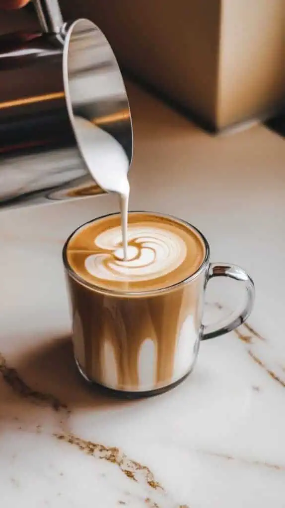 A mug of hazelnut latte being poured into with steamed milk, creating a soft swirl of foam