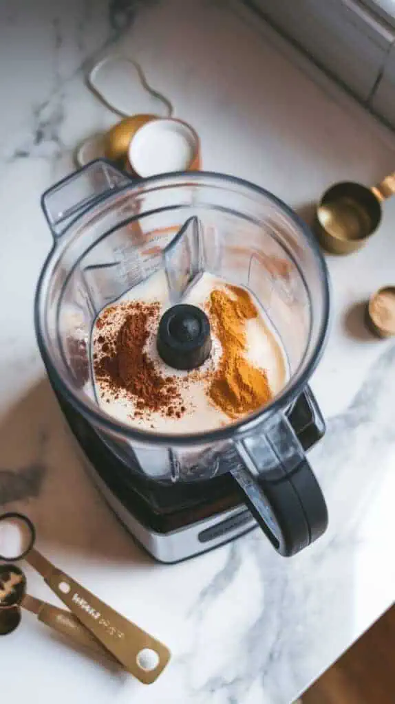 A high-speed blender jar filled with warm milk, coffee, cacao powder, cinnamon, and protein powder, ready to blend