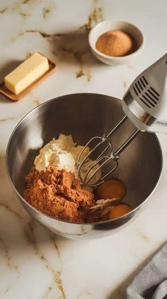 A large mixing bowl with creamed butter, brown sugar, molasses, egg, and vanilla being mixed with a hand mixer