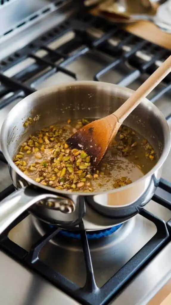 A medium saucepan on a stainless steel gas stove, filled with water, sugar, and ground pistachios being stirred with a wooden spoon