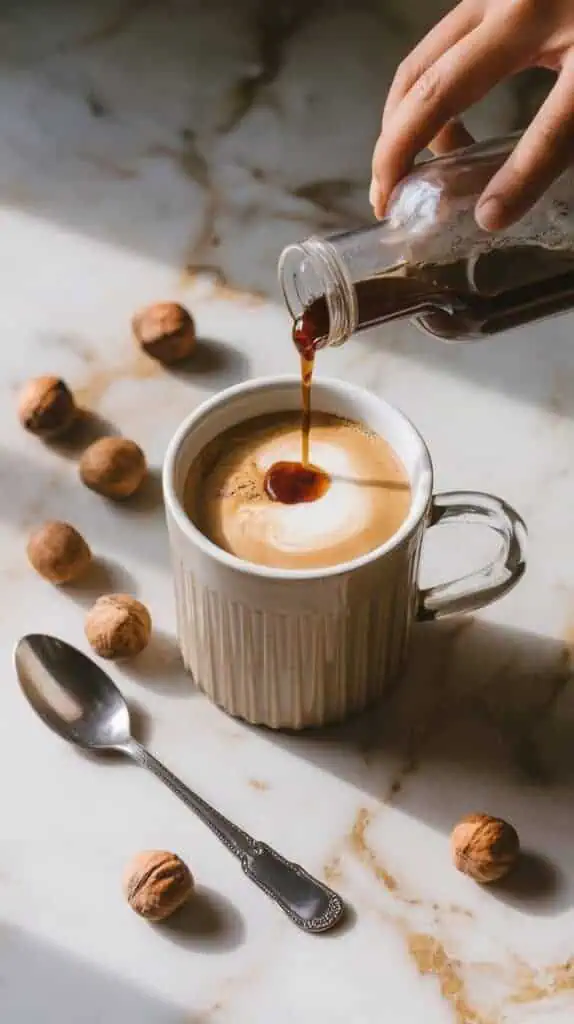 A mug of coffee with hazelnut syrup being poured from a small glass bottle